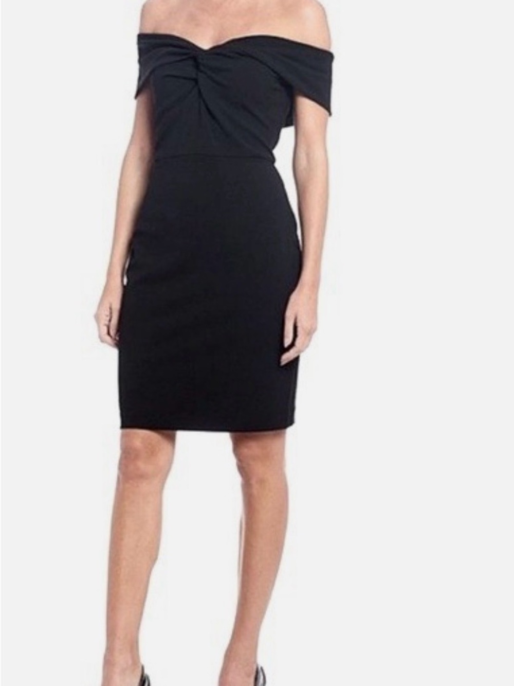 New 👗Belle Badgley Mischka Black Libby Front Twist Knot Off-The-Shoulder Size 4